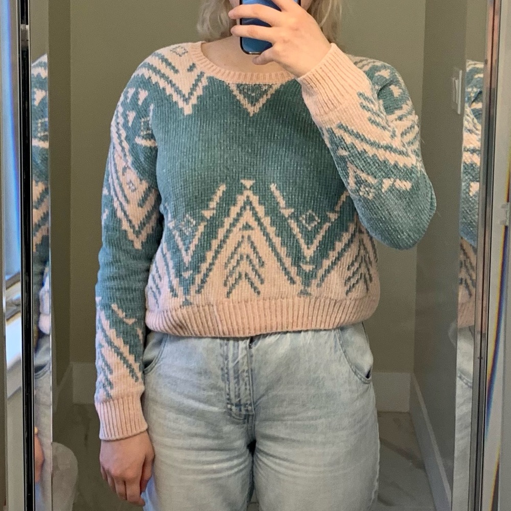 Wild Fable patterned sweater, muted teal and blush pink, medium